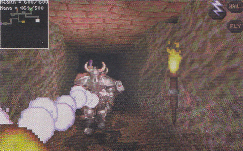 The first-person view. Visible are the health and mana (not in the final game), as well as a different interface for the spells. The first-person view. Visible are the health and mana (not in the final game), as well as a different interface for the spells.