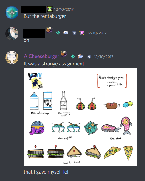 Jenna describing her self-given assignment of concepting alien food for the Spaceship Hub's fridge.