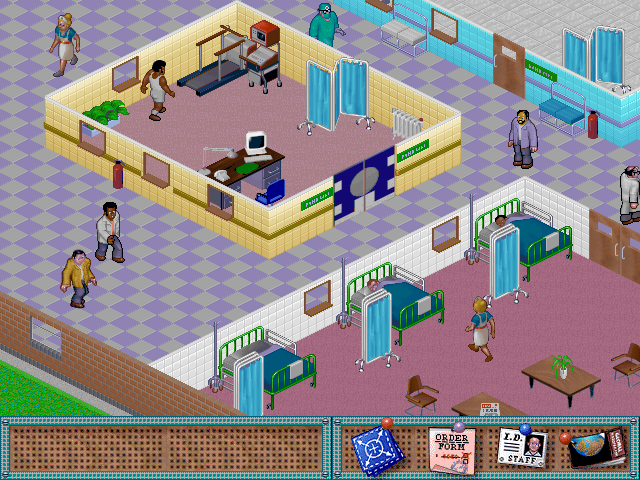 Source image for a picture printed in Génération 4 June 1996 issue above. The ward here has cut tables with plants and a newspaper on them. There are also screens in front of each bed of a design not seen in the final game. There is also what appears to be a combined GP office/Cardio room. The placards from the earliest build exist on the walls or room entrances here still.