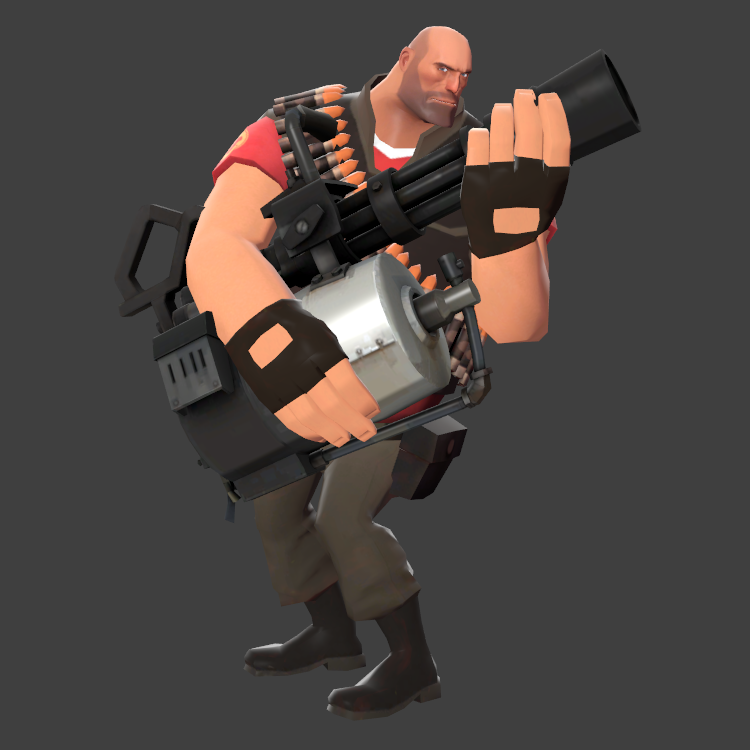 The Heavy shows love to his minigun Sasha. This pose, or possibly a similar pose, was used for the VI Day image posted on the official blog with the conclusion of the WAR! Update.