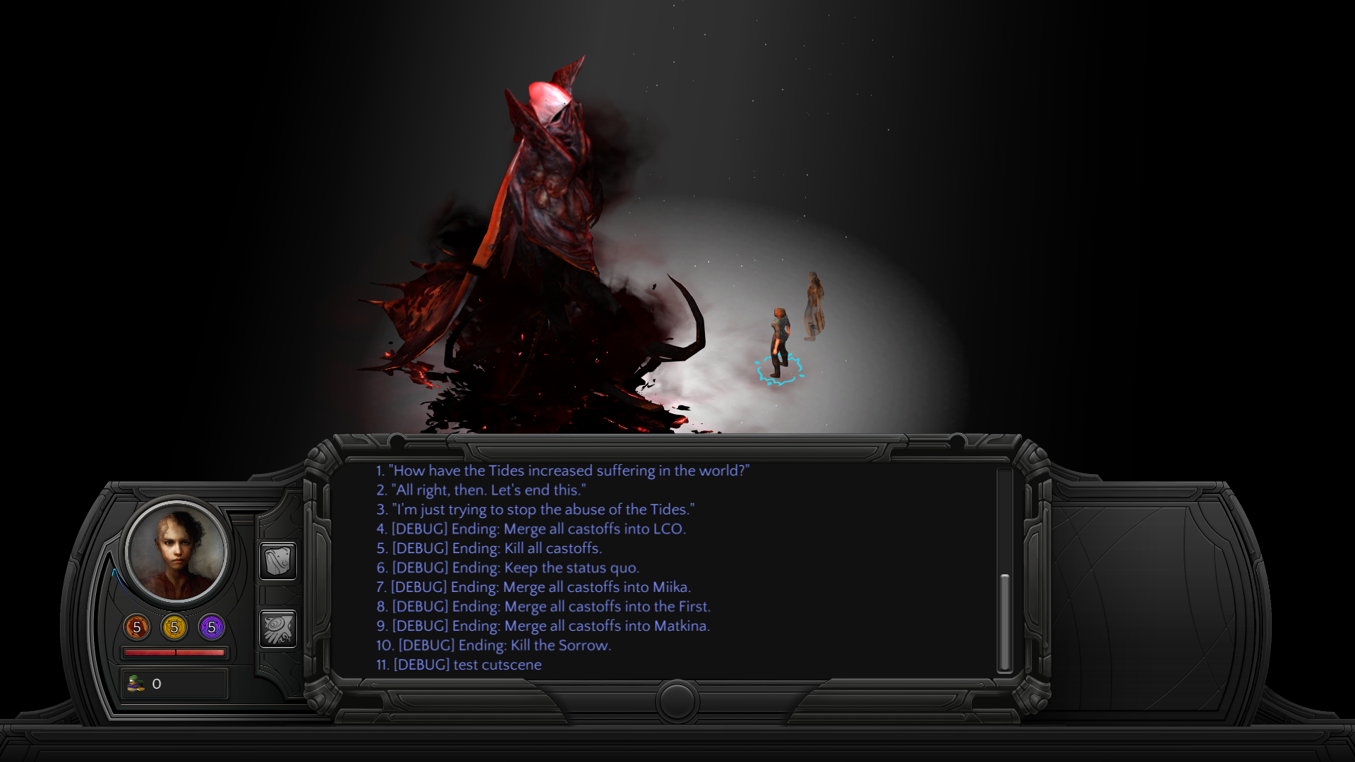 End Fathom - Endless Battle - The Sorrow - Note the debug options in the H.U.D. conversation window