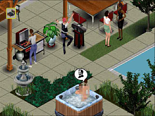 Early speech balloon icon for the Politics talk topic, portraying Abraham Lincoln, as well as the Sim next to the stereo object running a test animation, used as a motion-capturing experiment — still present in the game's files. Rare sight of a flower tile intersecting with a Buy Mode item, in this case a fountain, which is shown here in an early design. The tree in the upper right corner appears to be intersecting with the floor tile, which is not possible in the final game. Early speech balloon icon for the Politics talk topic, portraying Abraham Lincoln, as well as the Sim next to the stereo object running a test animation, used as a motion-capturing experiment — still present in the game's files. Rare sight of a flower tile intersecting with a Buy Mode item, in this case a fountain, which is shown here in an early design. The tree in the upper right corner appears to be intersecting with the floor tile, which is not possible in the final game.