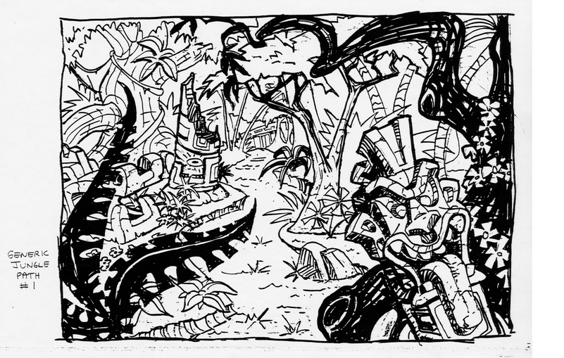 Concept art of a jungle level. Concept art of a jungle level.