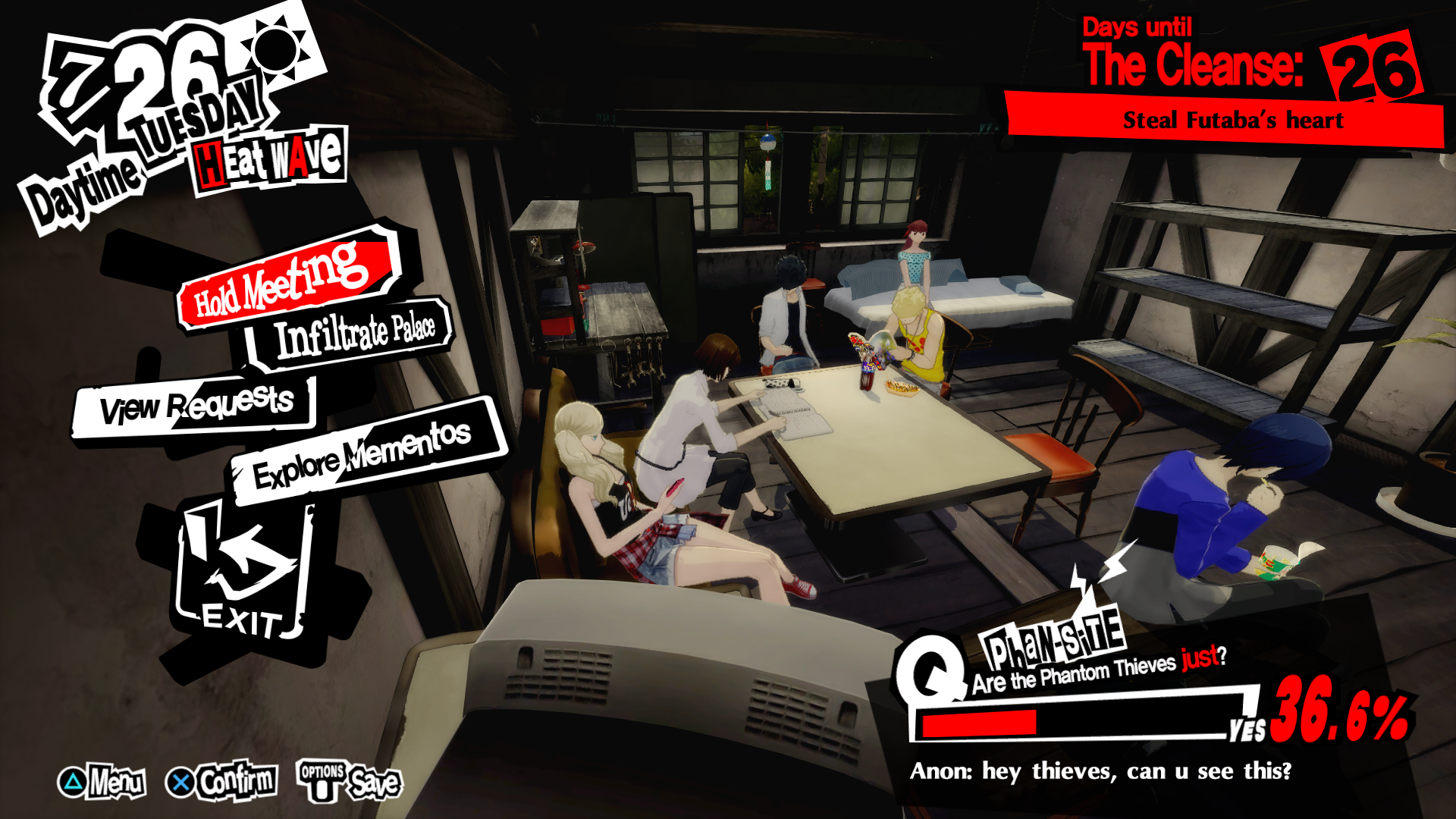 Sitting on the protagonist's bed Sitting on the protagonist's bed