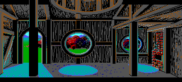 The EGA background of Fleece's hut with the pillar area marked for variable graphics The EGA background of Fleece's hut with the pillar area marked for variable graphics