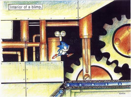 A piece titled "Interior of a blimp", a description which matches the design of Flying Battery seen in the early layout sketch for that stage. The concept art is modified from a piece of Sonic 2 concept art for "Metropolis".
