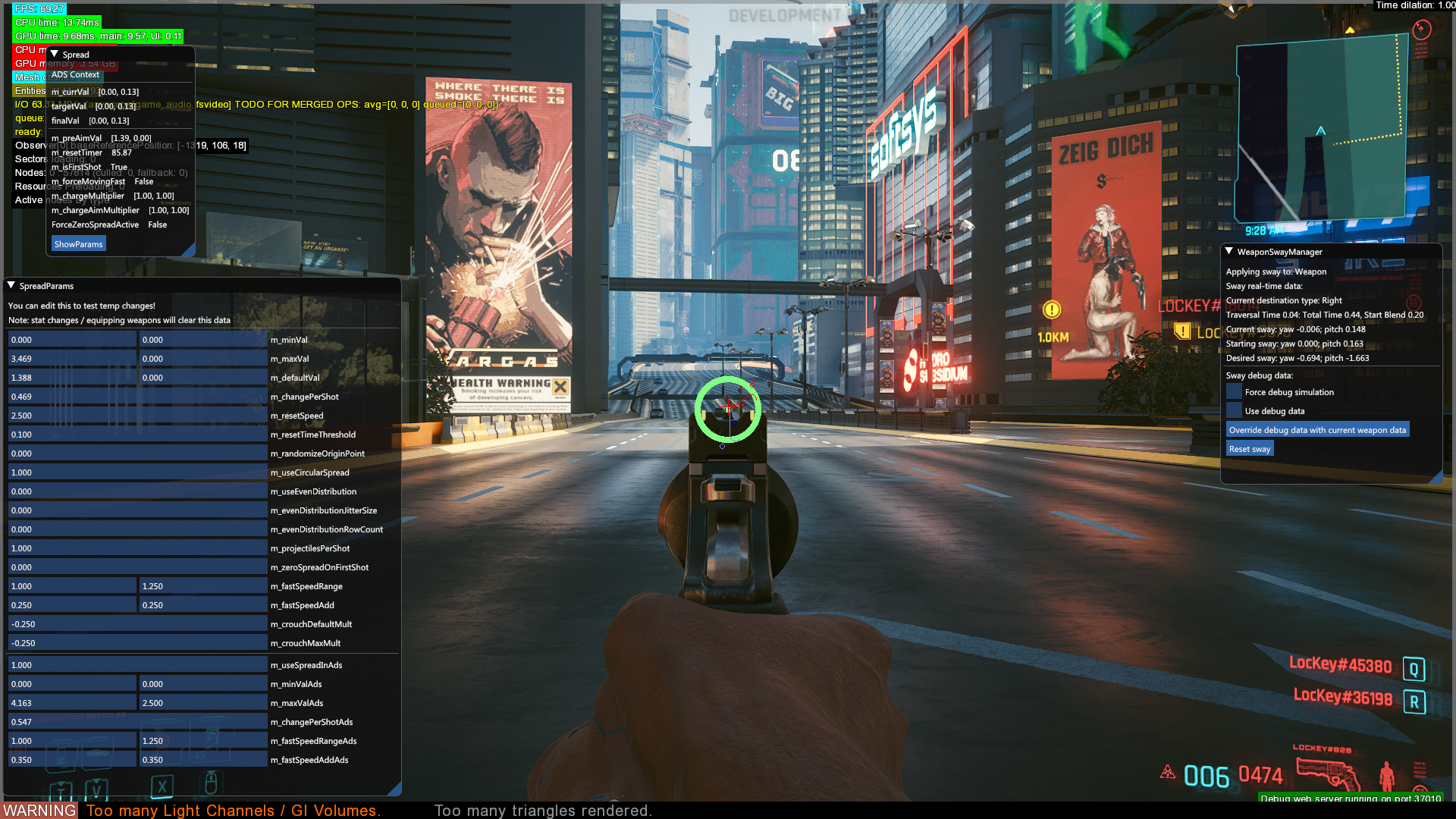 The blue-ish line displays the path the sway of the weapon will take. A red line will continue from the tail of the blue-ish line.