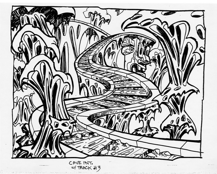 Concept art of an unused cave level. Concept art of an unused cave level.
