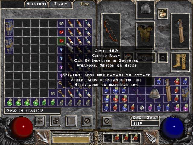 A screenshot showing gems being buyable from merchants. Also present are some unknown green(thrown poison?) and grey potions(Stamina or antidote?).